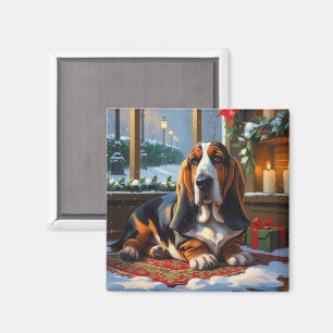 Aimant Basset Hound avec lumières de Noël vacances