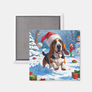 Aimant Basset Hound Festive de Noël Scène de neige