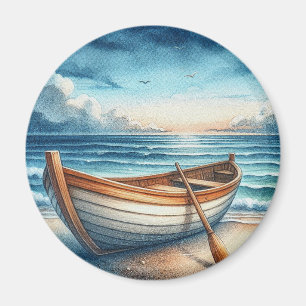 Aimant Bateau à rames vintage de bord de mer à l'aquarell
