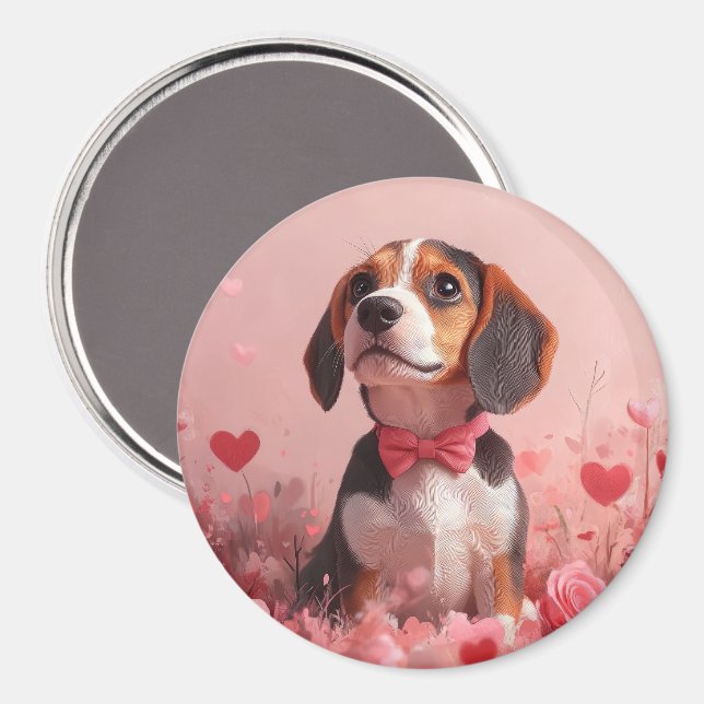 Aimant Beagle avec des roses - Saint-Valentin (Recto/Verso)