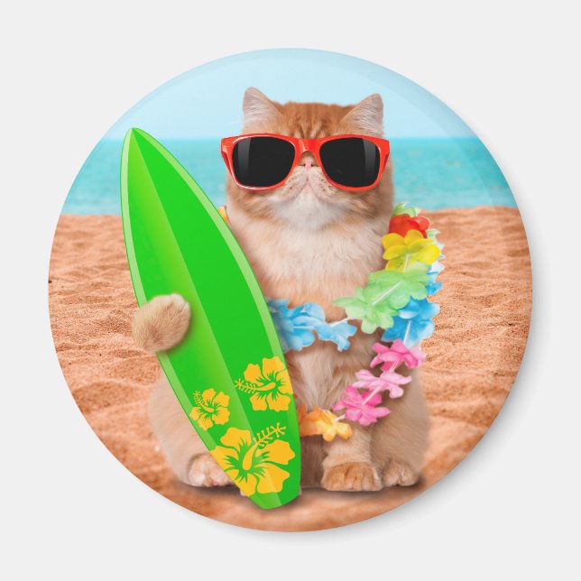 Aimant Beau chat surfeur sur la plage (Devant)