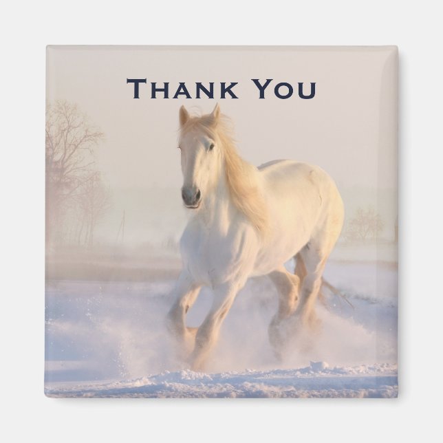Aimant Beau cheval blanc dans le Merci photo de neige (Devant)