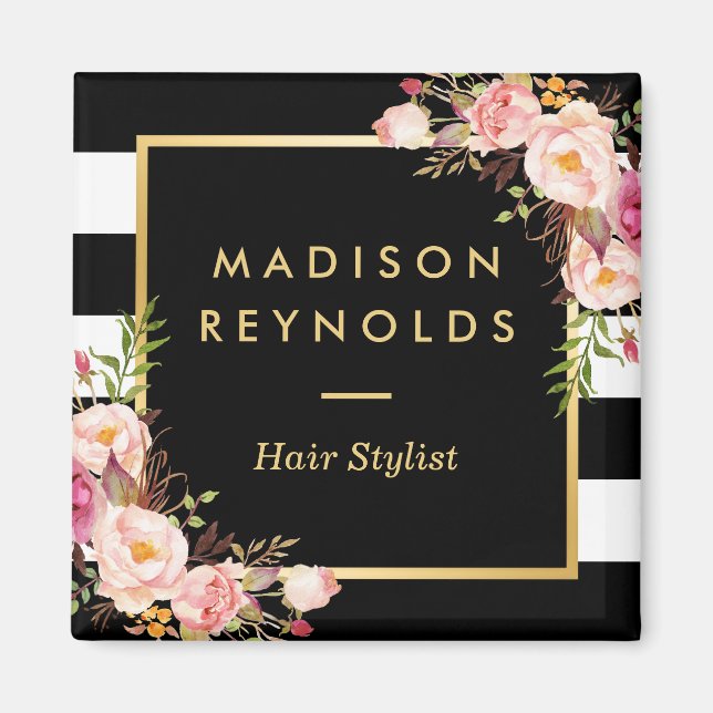 Aimant Beau rose floral noir blanc rayé (Devant)