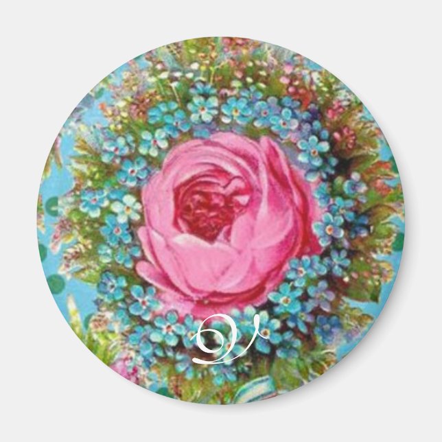 Aimant BEAU ROSE ROSE ROSE ET FLEURS BLEUES Monogramme (Devant)