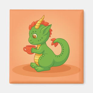 Aimant Bébé dragon mignon tenant une tasse sur orange