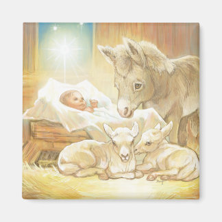 Aimant Bébé Jésus Nativité avec agneaux et âne