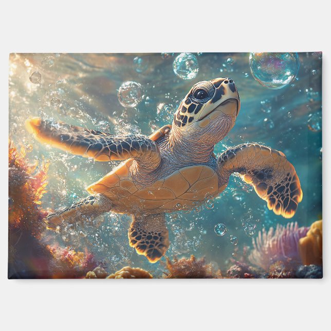 Aimant Bébé mignonne tortue de mer avec bulles (Recto)