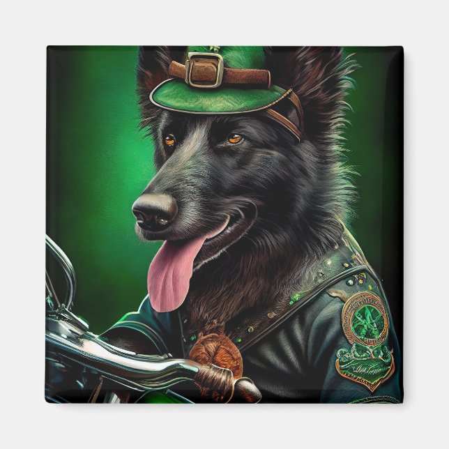 Aimant Belgian Shepherd conduite vélo St. Patrick's Day (Devant)