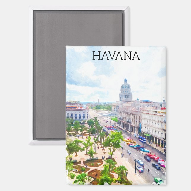 Aimant Belle aquarelle rétro Havana Cuba (Recto/Verso)