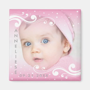 Aimant Belle bébé fille photo avec nom et date
