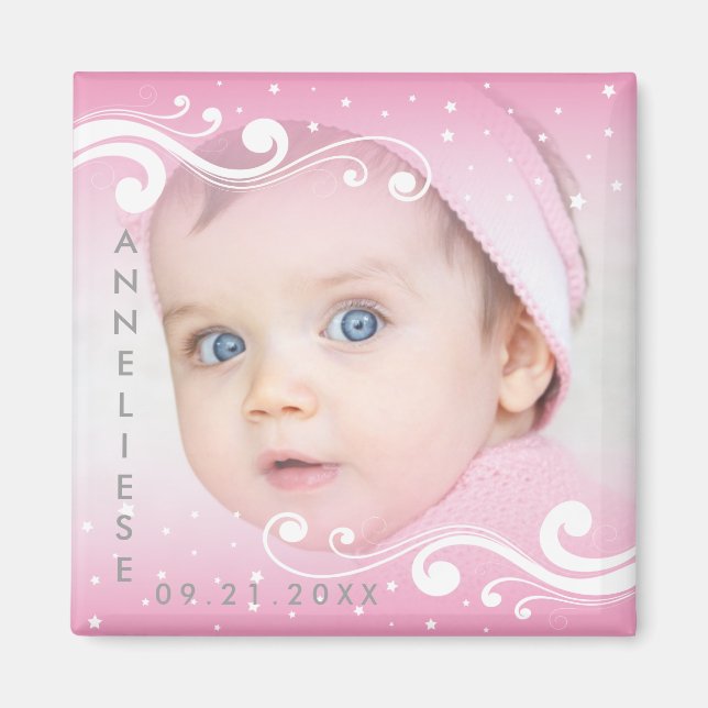 Aimant Belle bébé fille photo avec nom et date (Devant)