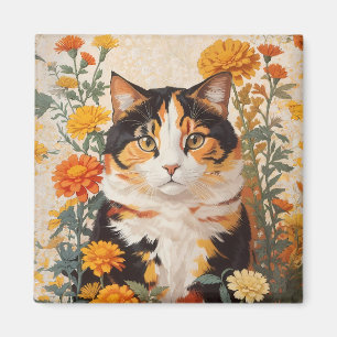 Aimant Belle Chat Calico Avec Fleurs Marigold