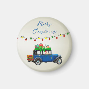 Aimant Belle, Christms Blue Car avec Père Noël et Cadeaux