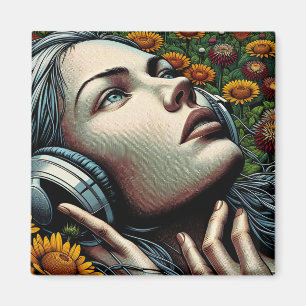 Aimant Belle femme avec casque dans les tournesols