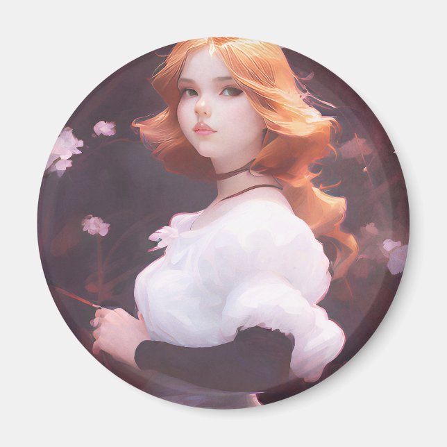 Aimant Belle Jeune Fille Parmi Les Fleurs Roses Portrait (Devant)