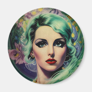 Aimant Belle Lavande & Green Retro Style Space Woman