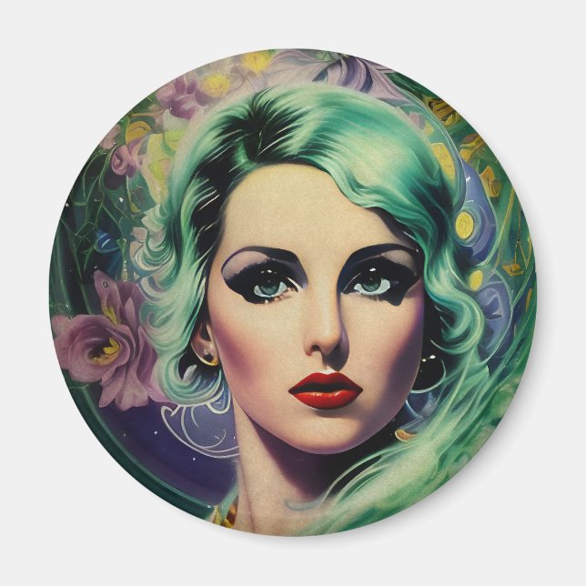 Aimant Belle Lavande & Green Retro Style Space Woman (Devant)