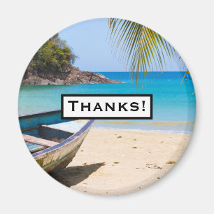 Aimant Belle plage tropicale avec un Merci en bateau à mo
