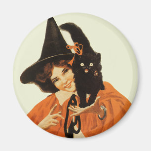 Aimant Belle sorcière vintage avec le chat noir mignon