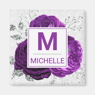 Aimant Belles fleurs de monogramme violet foncé et argent