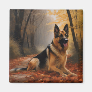 Aimant Berger Allemand dans les feuilles d'automne qui to