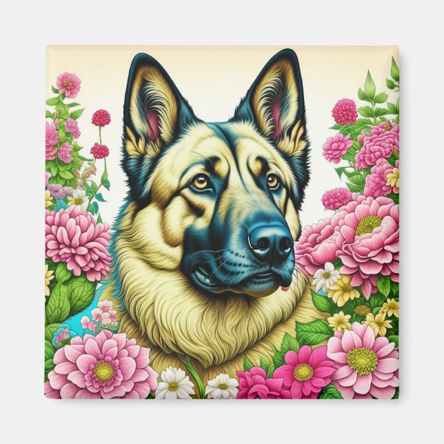 Aimant berger allemand et fleurs lunaires (Devant)