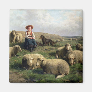 Aimant Bergère avec des moutons dans un paysage