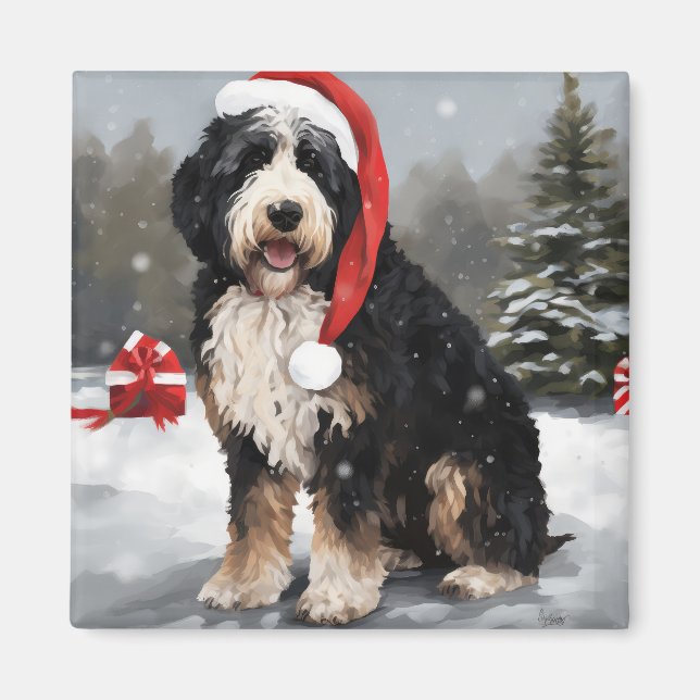 Aimant Bernedoodle Chien dans Noël de neige (Devant)