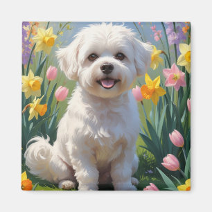 Aimant Bichon Frise Chien Fleurs de printemps Peinture