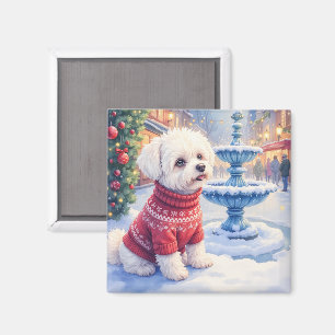 Aimant Bichon Frise festive fontaine Noël aquarelle