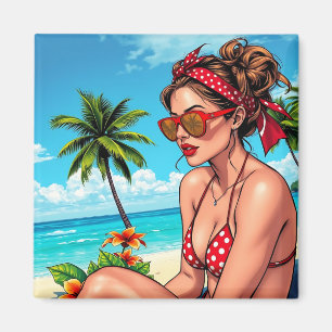 Aimant Bikini rouge, lunettes de soleil et femme de Banda