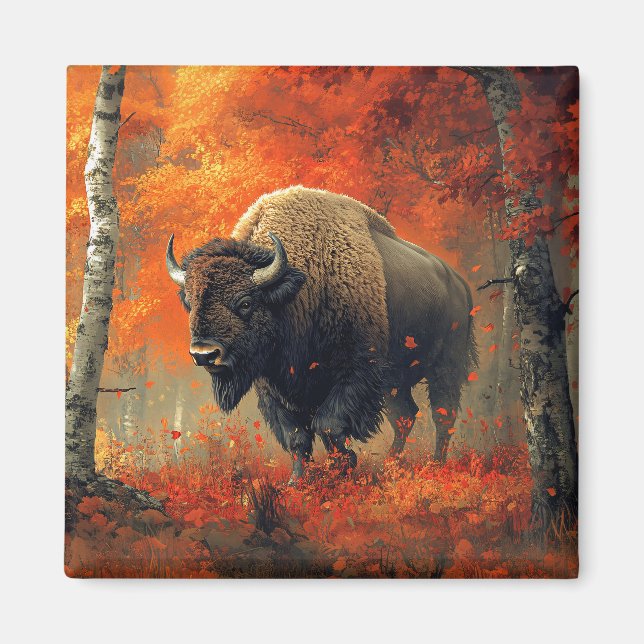 Aimant Bison dans l'artisanat boisé d'automne (Devant)