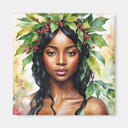 Aimant Black Woman Christmas Holly Aquarelle Art