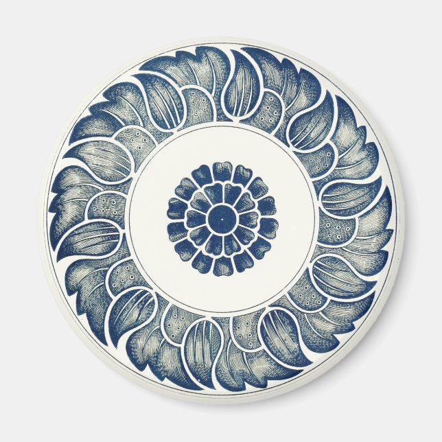 Aimant Blanc bleu Floral chinois rond (Devant)
