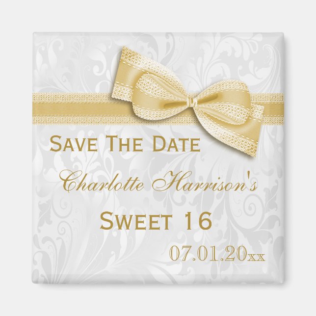 Aimant Blanc Damas & Faux Bow Sweet 16 Enregistrer La Dat (Devant)