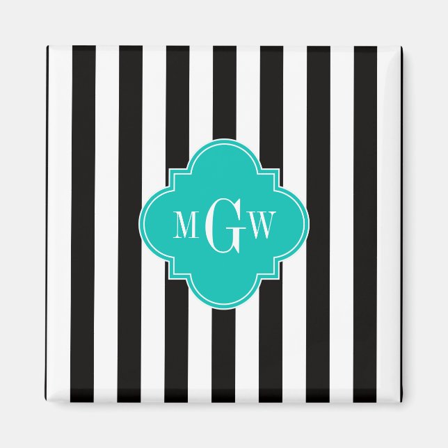 Aimant Blancs noirs Turquoise Quatrefoil 3 Monogramme (Devant)