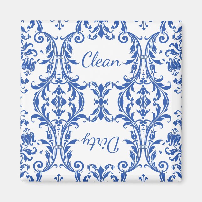 Aimant Bleu Blanc Floral Damask Lave-vaisselle Propre sal (Devant)
