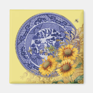 Aimant bleu de tournesols et d'abeilles de plat de