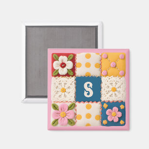 Aimant Bloc de courtepoint Monogramme Broderie et Fleurs 