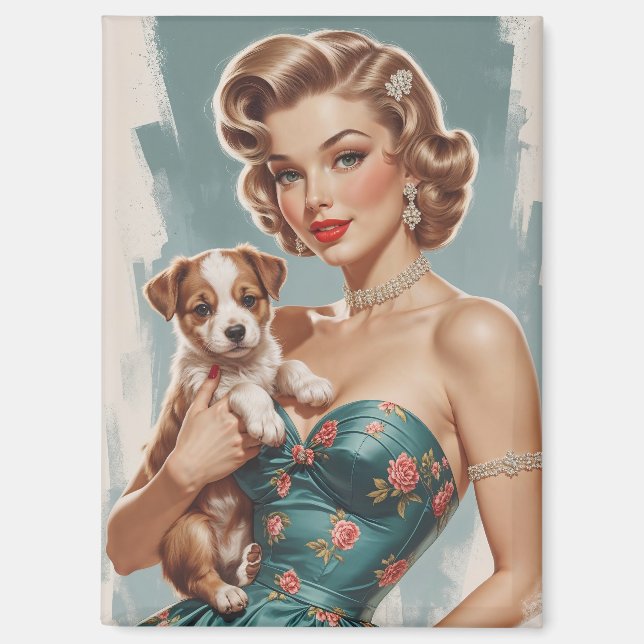 Aimant Blonde Pin Up avec mignon chiot (Recto)