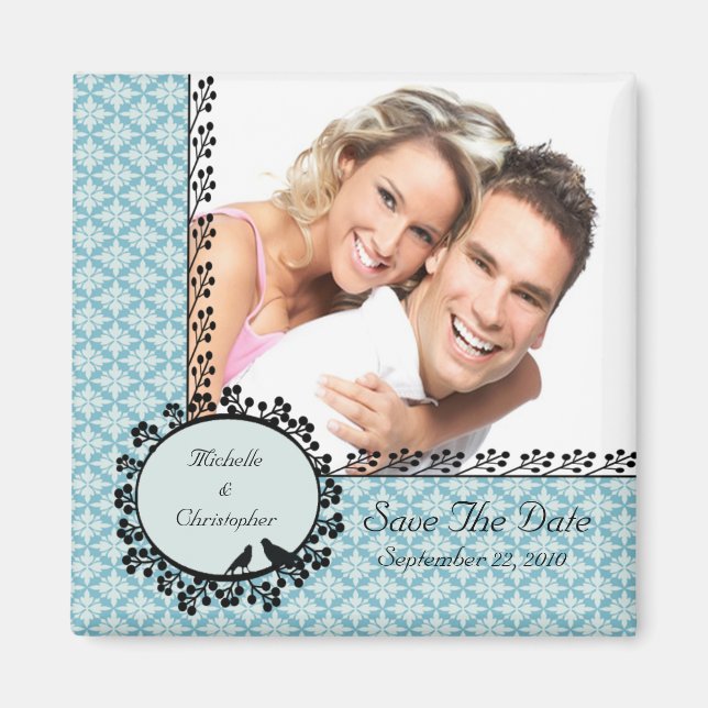 Aimant Blue Damask Inséparables Photo Save The Date Magne (Devant)
