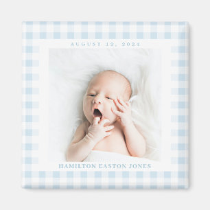 Aimant Blue Gingham Check Baby Birthdate
