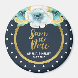 Aimant Blue Polka Dot, Faux Gold Floral Enregistrer la da
