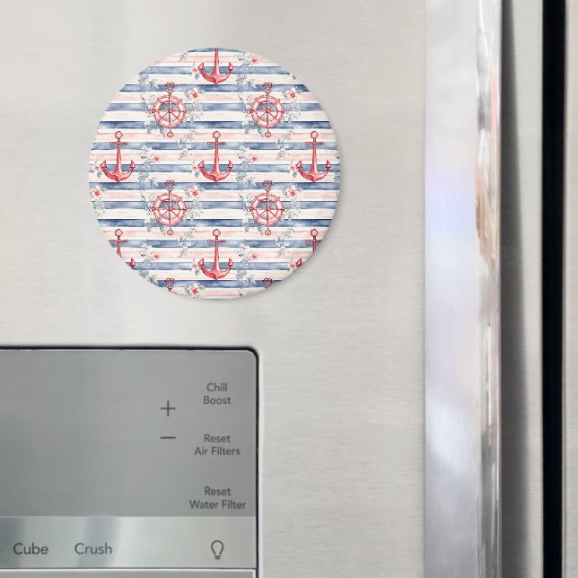 Aimant Blue Red Anchors Floral Stripes Beach  (In situ (réfrigérateur))