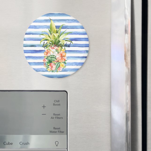 Aimant Blue White Stripes Tropical Floral Pineapple (In situ (réfrigérateur))