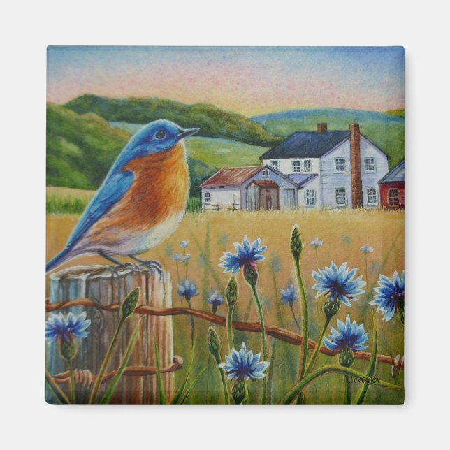 Aimant Bluebird Cornflowers Summer Farm Waterart (Devant)