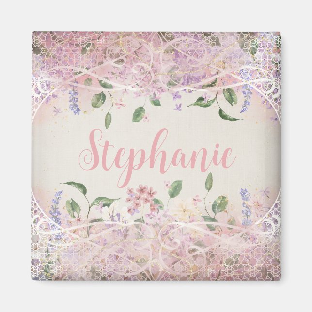 Aimant Blush rose Floral Nom personnalisé (Devant)