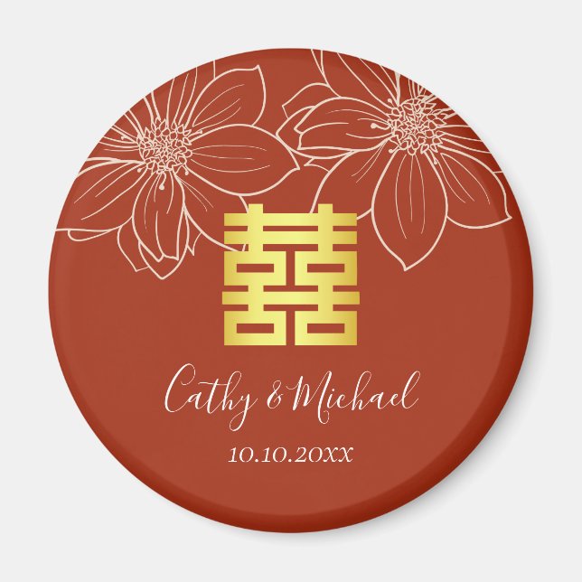 Aimant Boho rouge moderne floral mariage chinois (Devant)