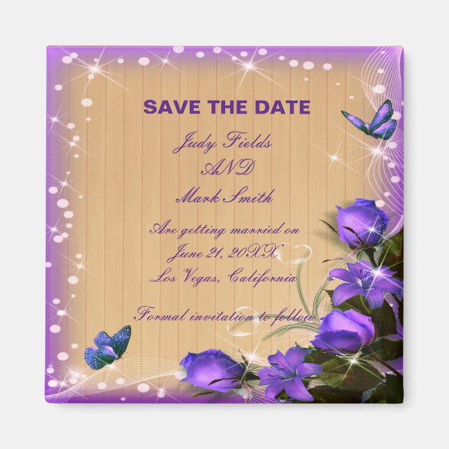 Aimant Bois Rustique Purple Mariage Floral Enregistrer La (Devant)