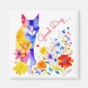 Aimant Bonne journée Chat et fleurs à l'aquarelle